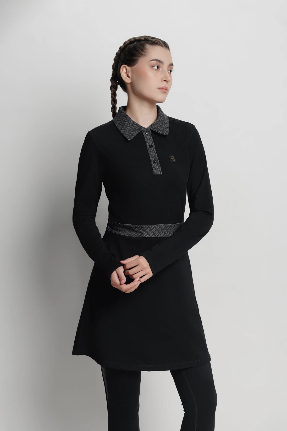 bimu polo dress in black by buttonscarves front view