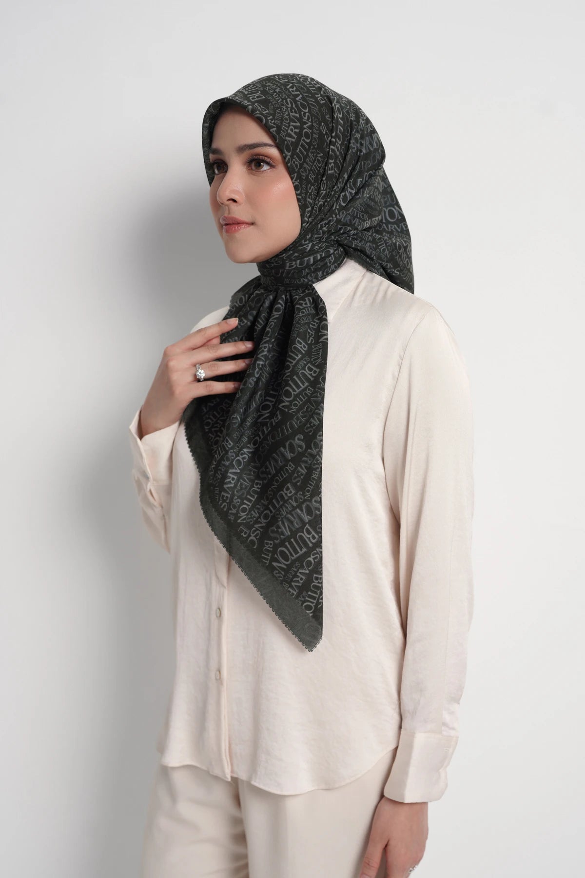 waves monogram printed square scarf in caviar by buttonscarves side view