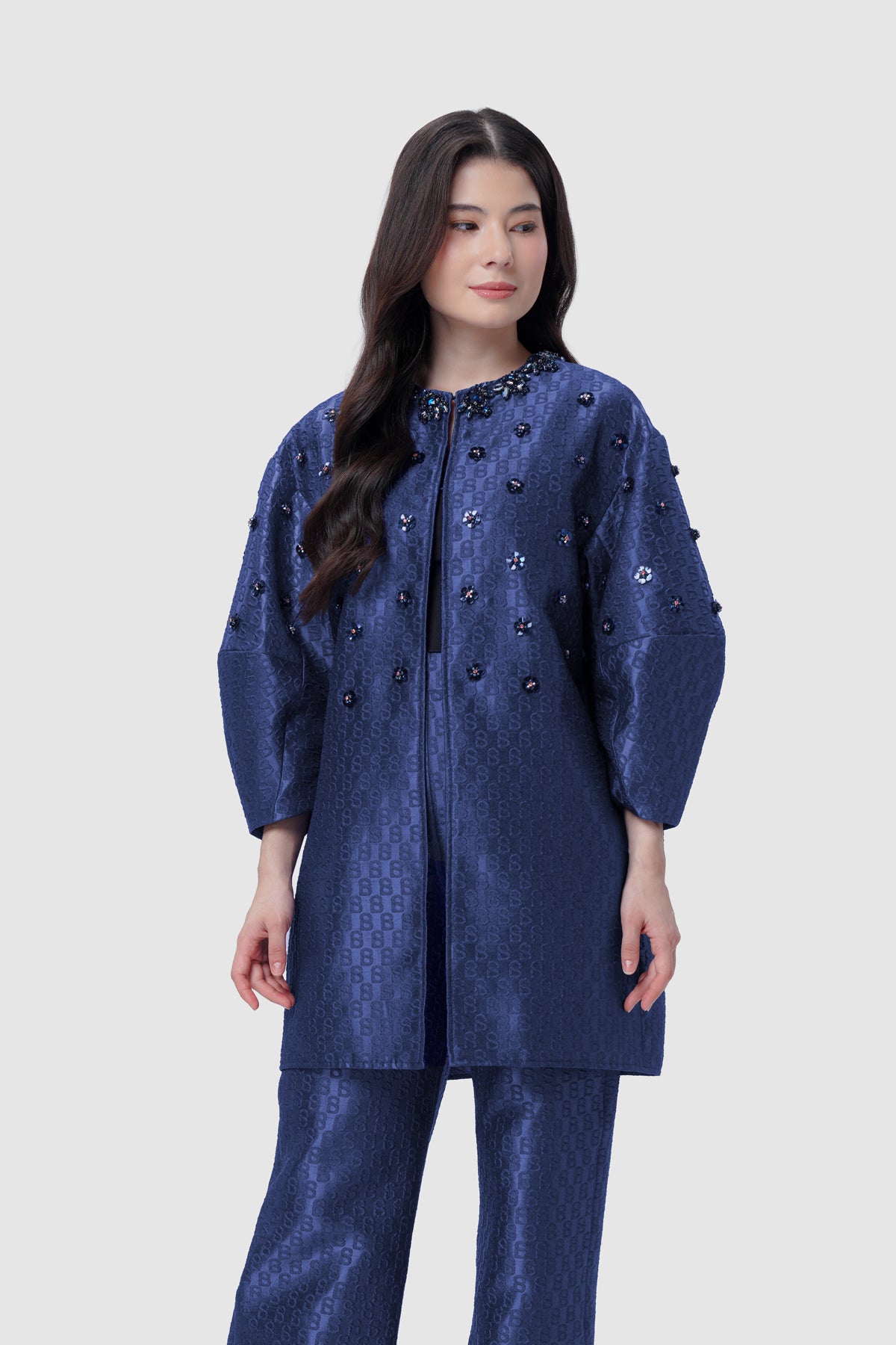 Signature Jacquard Tunic Beaded Outer - Navy