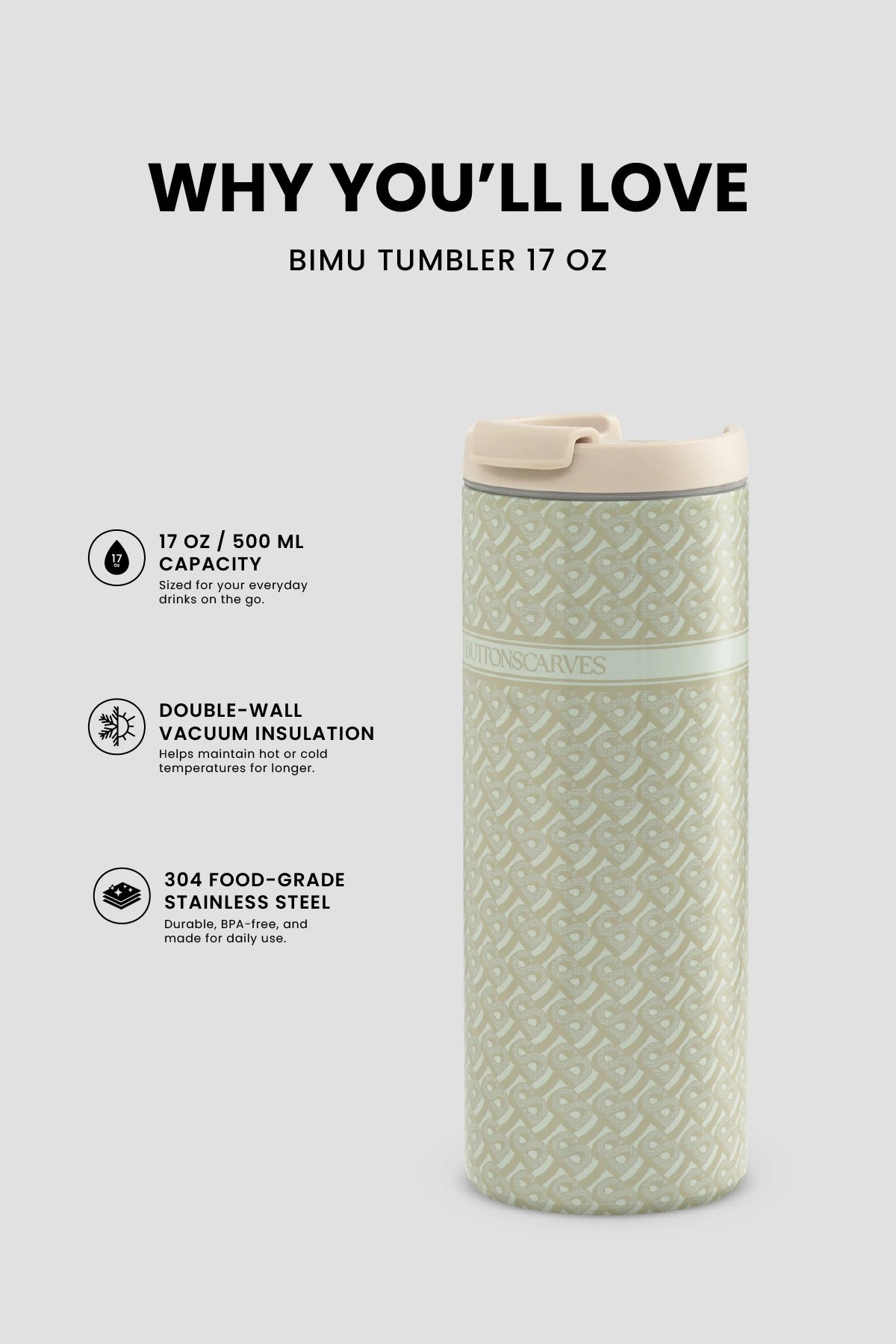 bimu tumbler 17 oz in beige by buttonscarves feature overview
