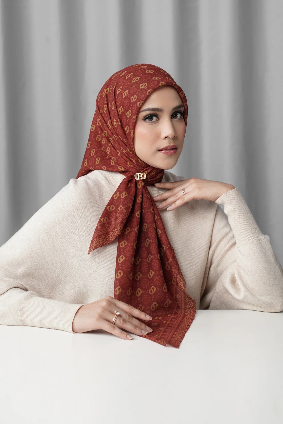 songket square scarf lychee by buttonscarves front view