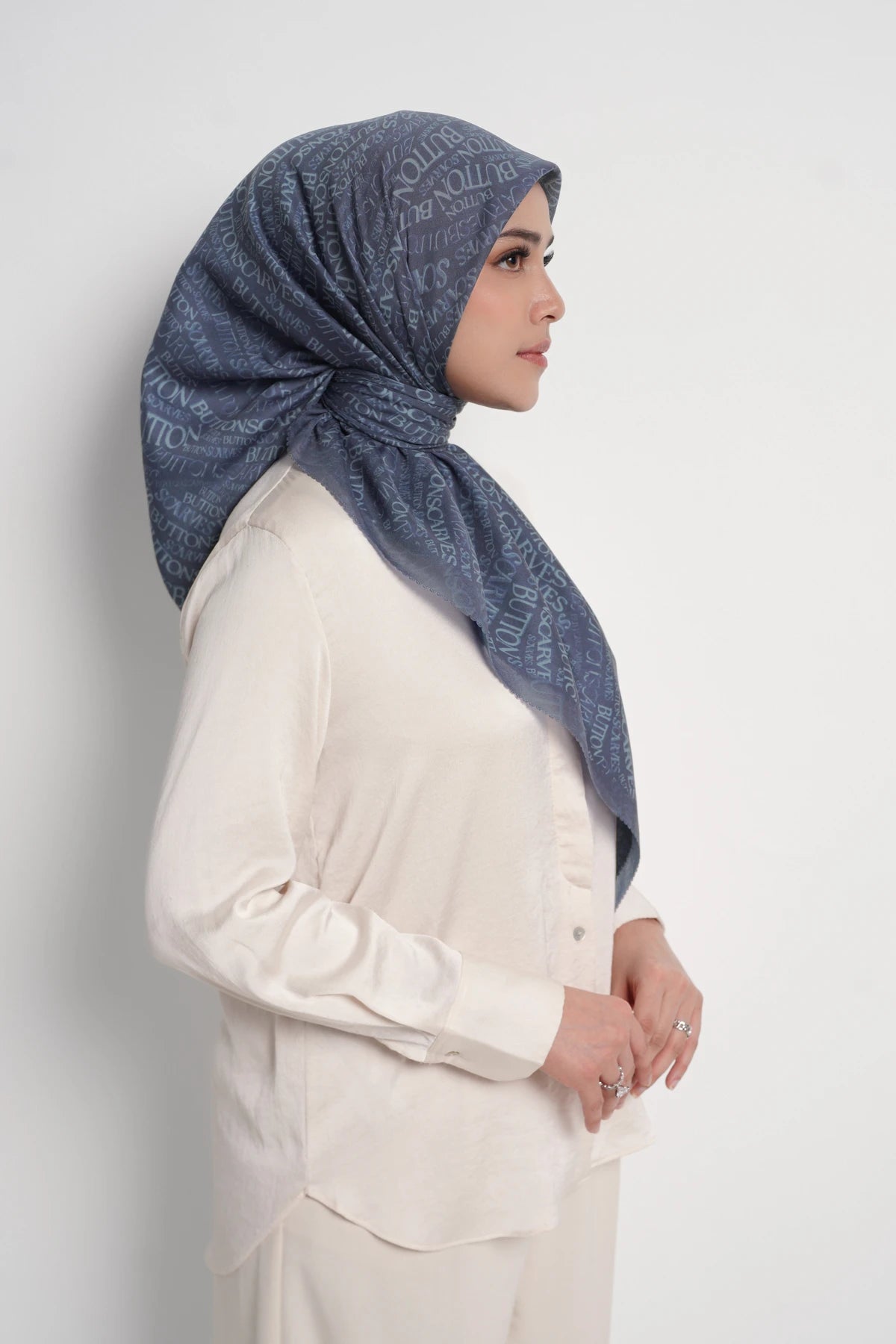 waves monogram printed square scarf in dark blue by buttonscarves side view