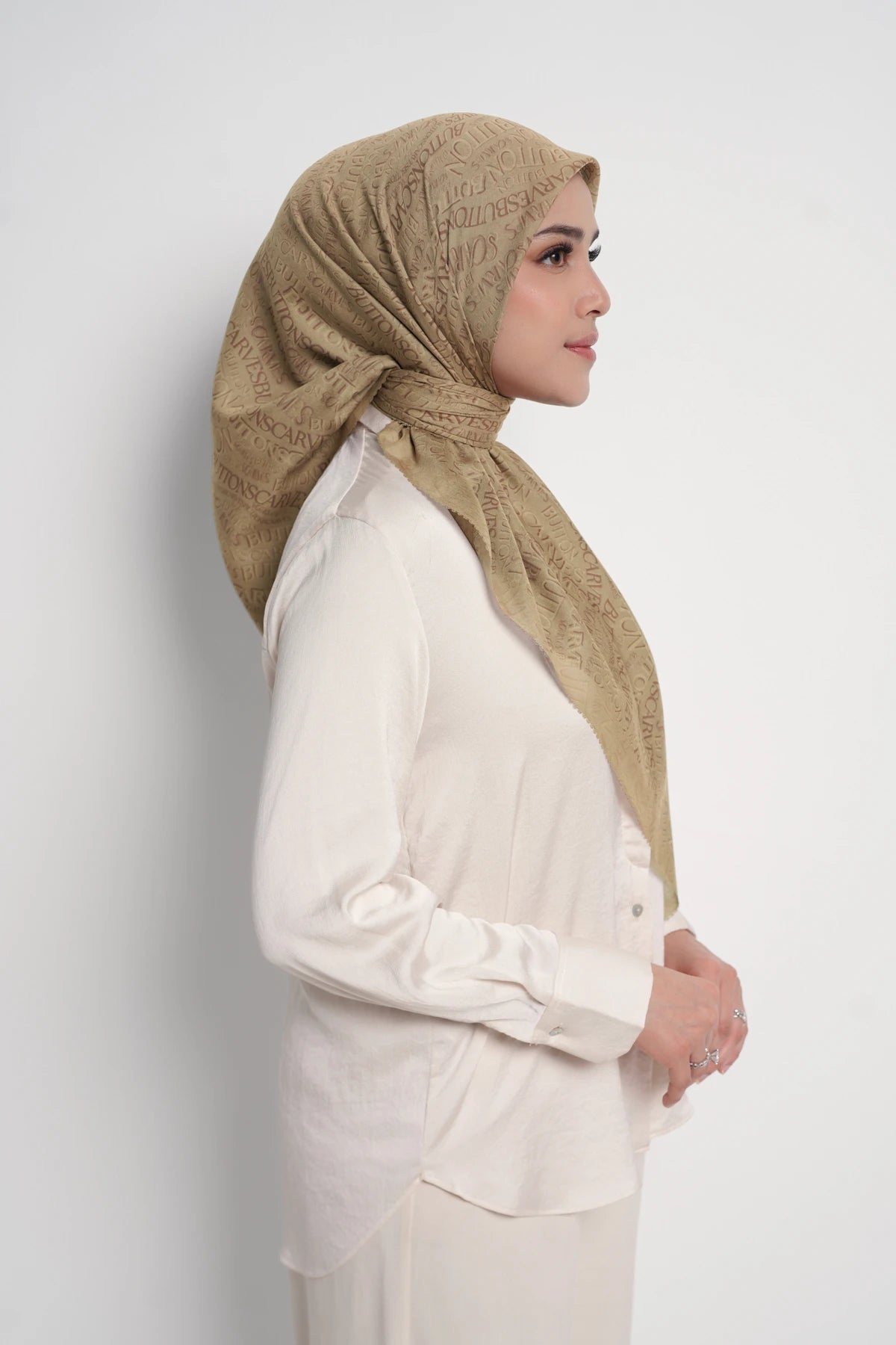 waves monogram printed square scarf in prairie sand by buttonscarves side view
