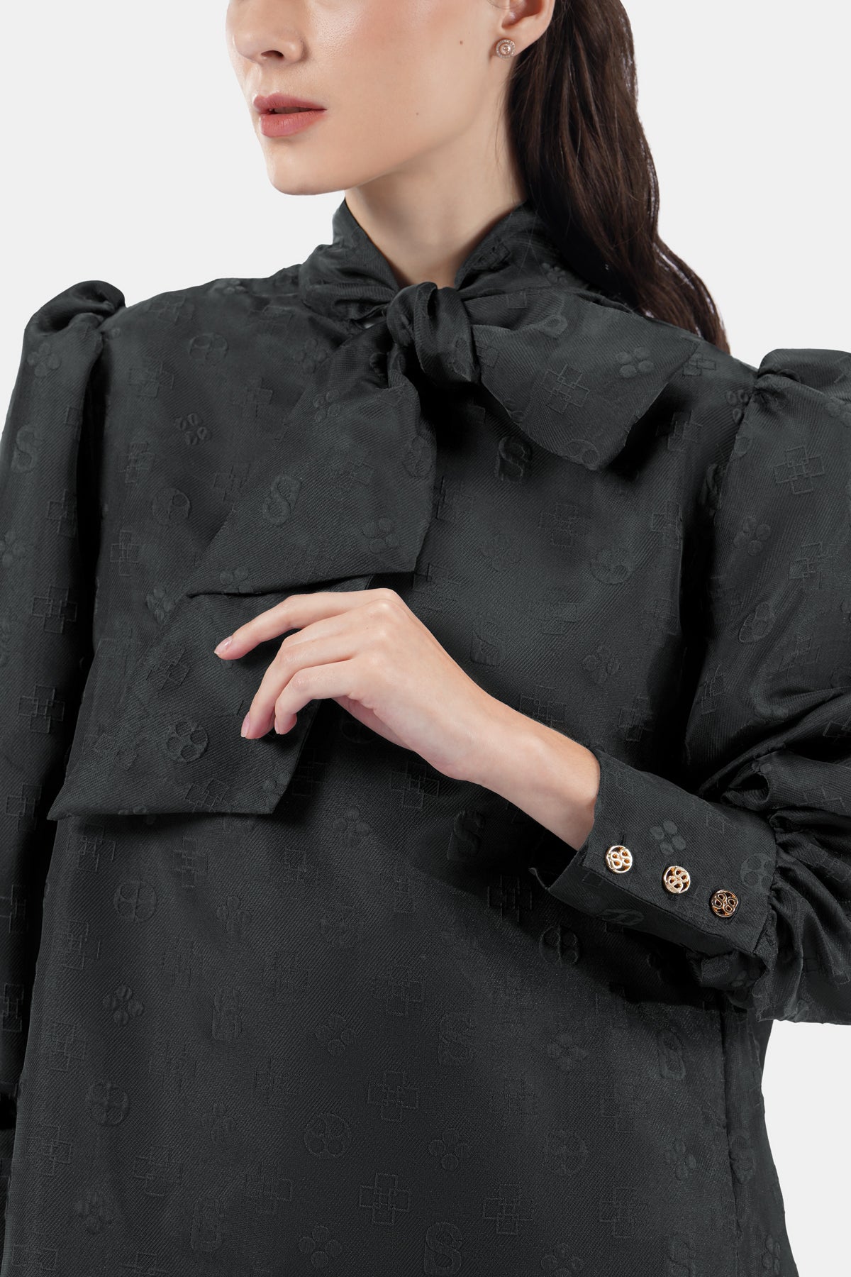 Cassey Monogram Blouse With Bow - Black