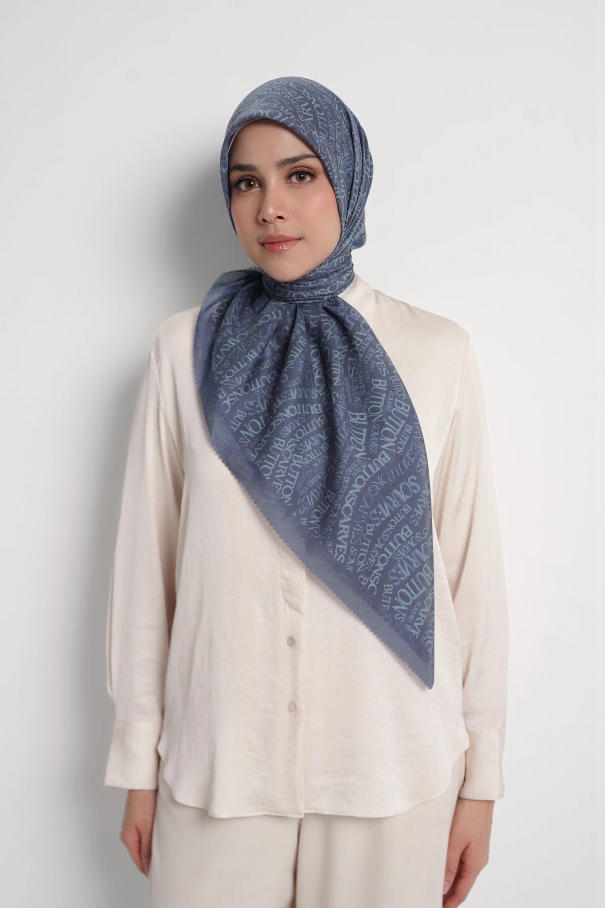 waves monogram printed square scarf in dark blue by buttonscarves front view
