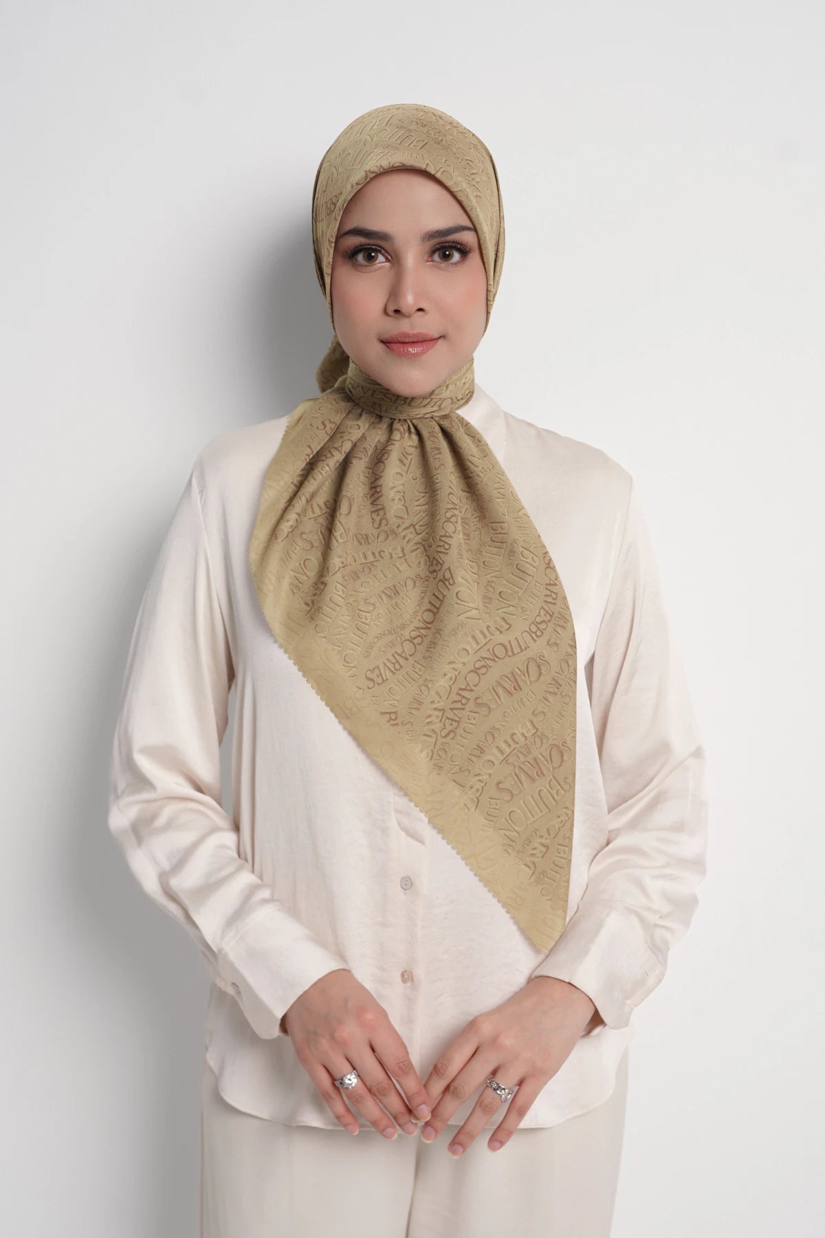 waves monogram printed square scarf in prairie sand by buttonscarves front view