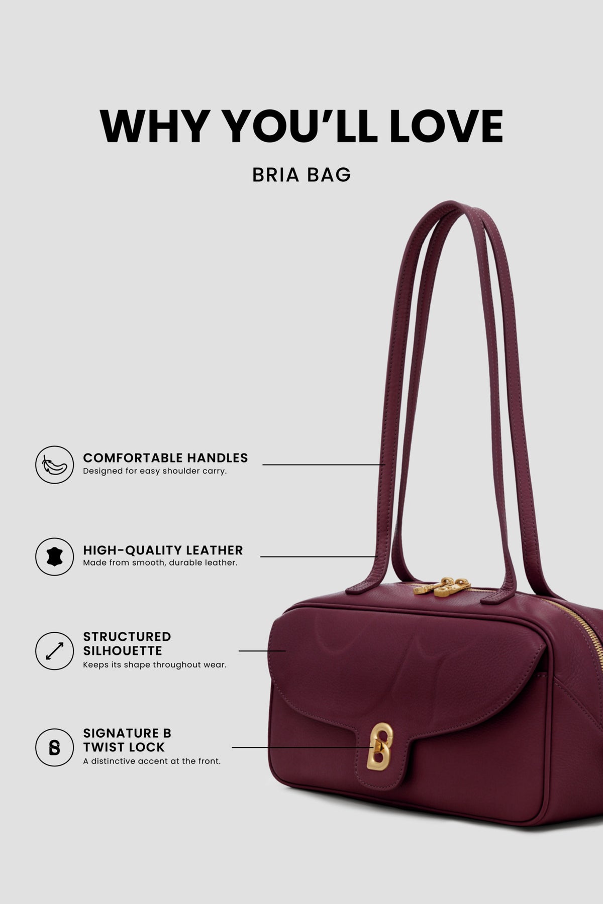 bria shoulder bag in burgundy by buttonscarves feature overview