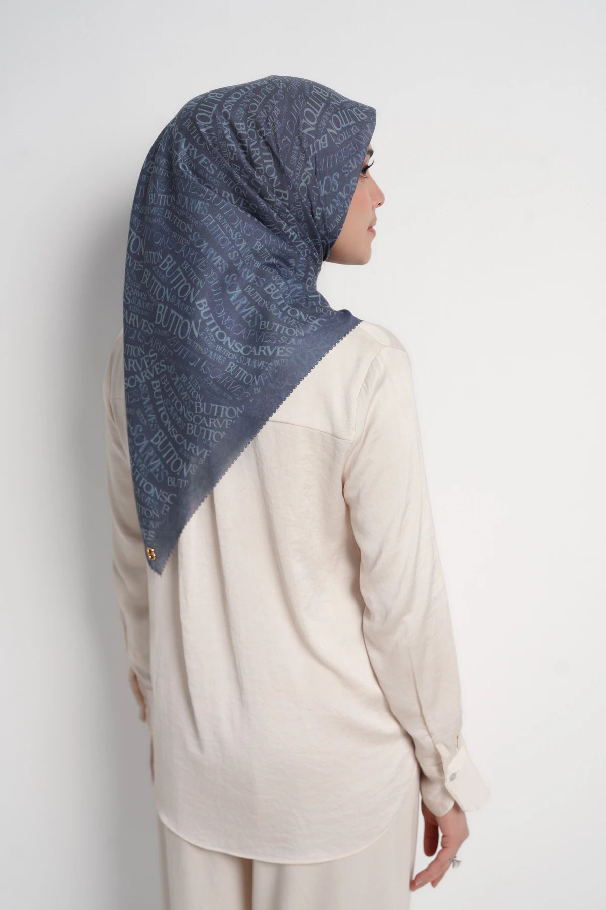 waves monogram printed square scarf in dark blue by buttonscarves back view