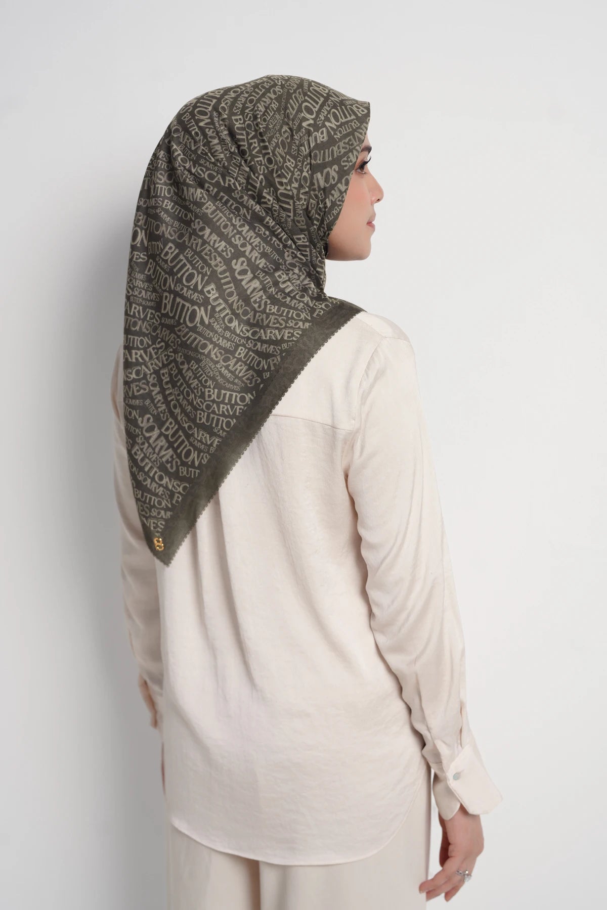 waves monogram printed square scarf in seal brown by buttonscarves back view