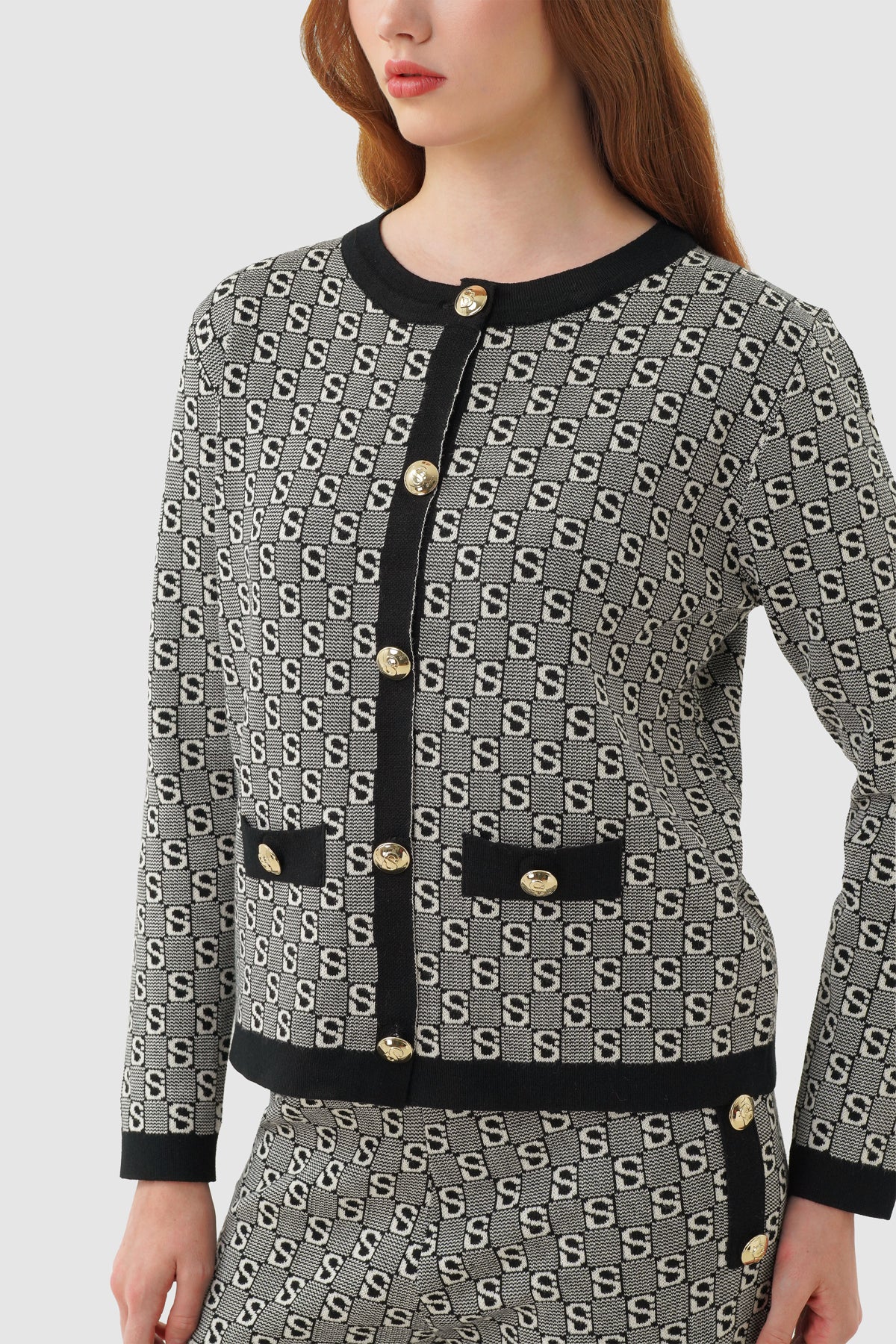 grid cardigan set in black by buttonscarves pattern detail