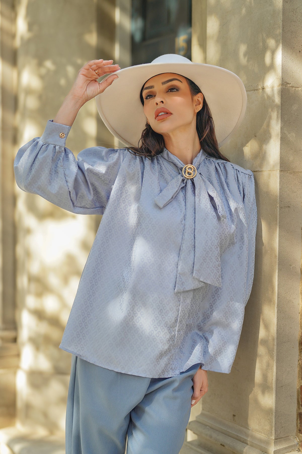 Monogram Embossed Bow Shirt - Airy Blue