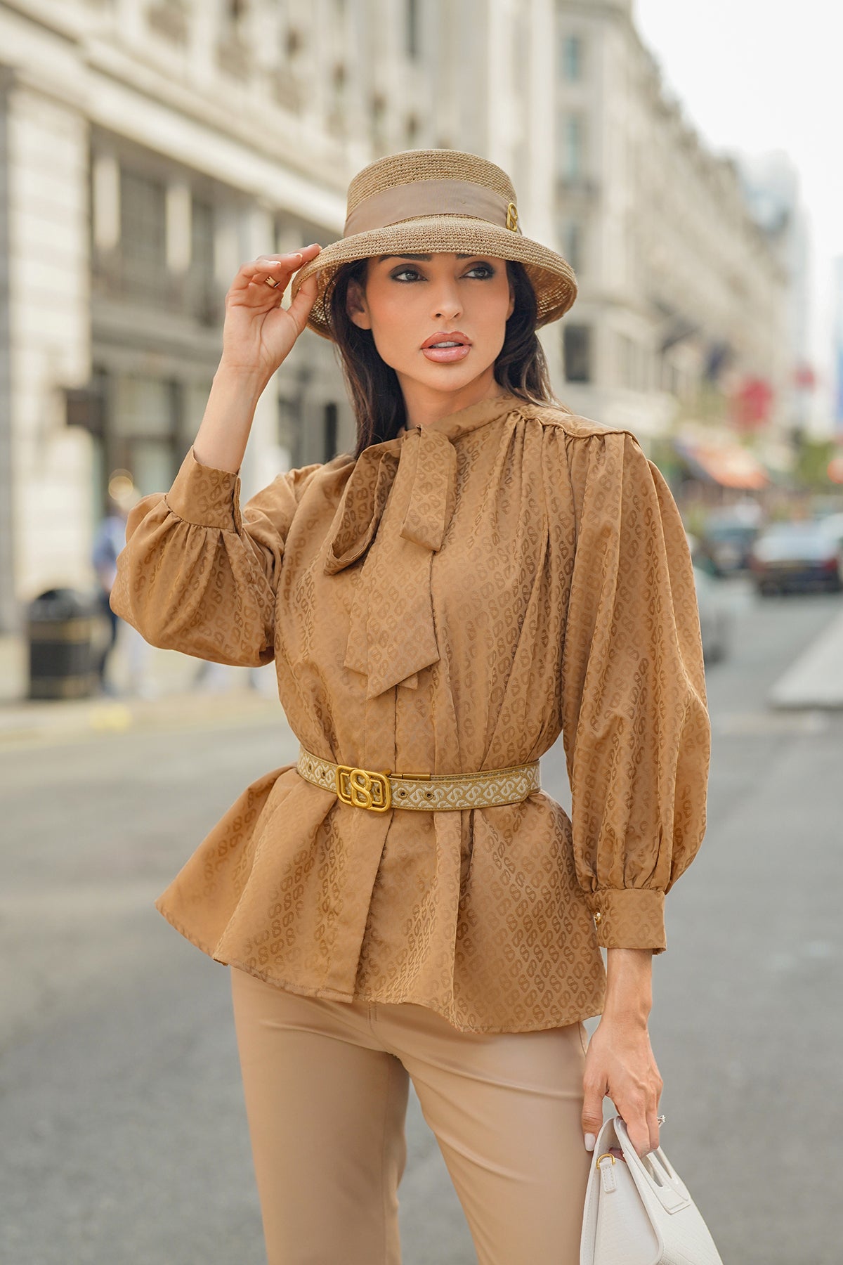 Monogram Embossed Bow Shirt - Brown