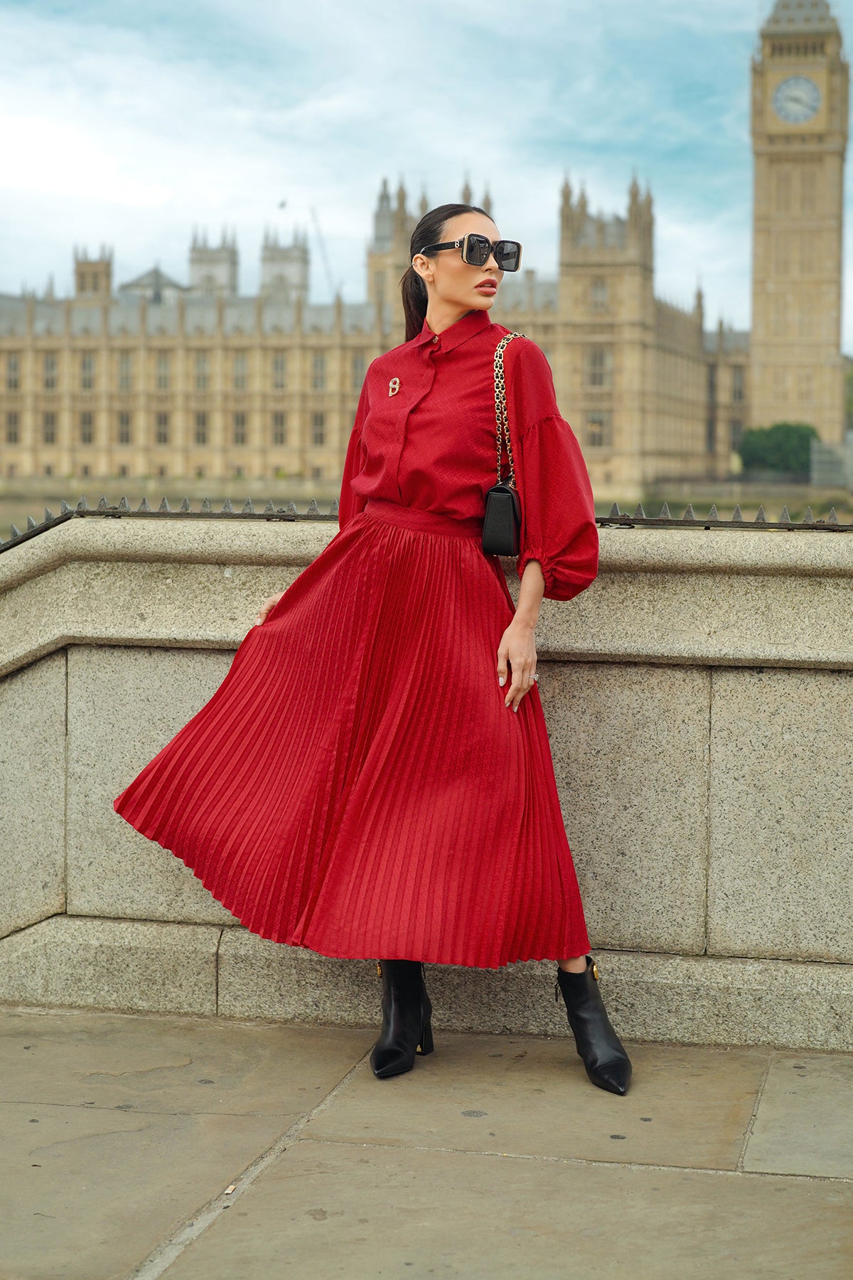 Monogram Embossed Pleated Skirt - Red