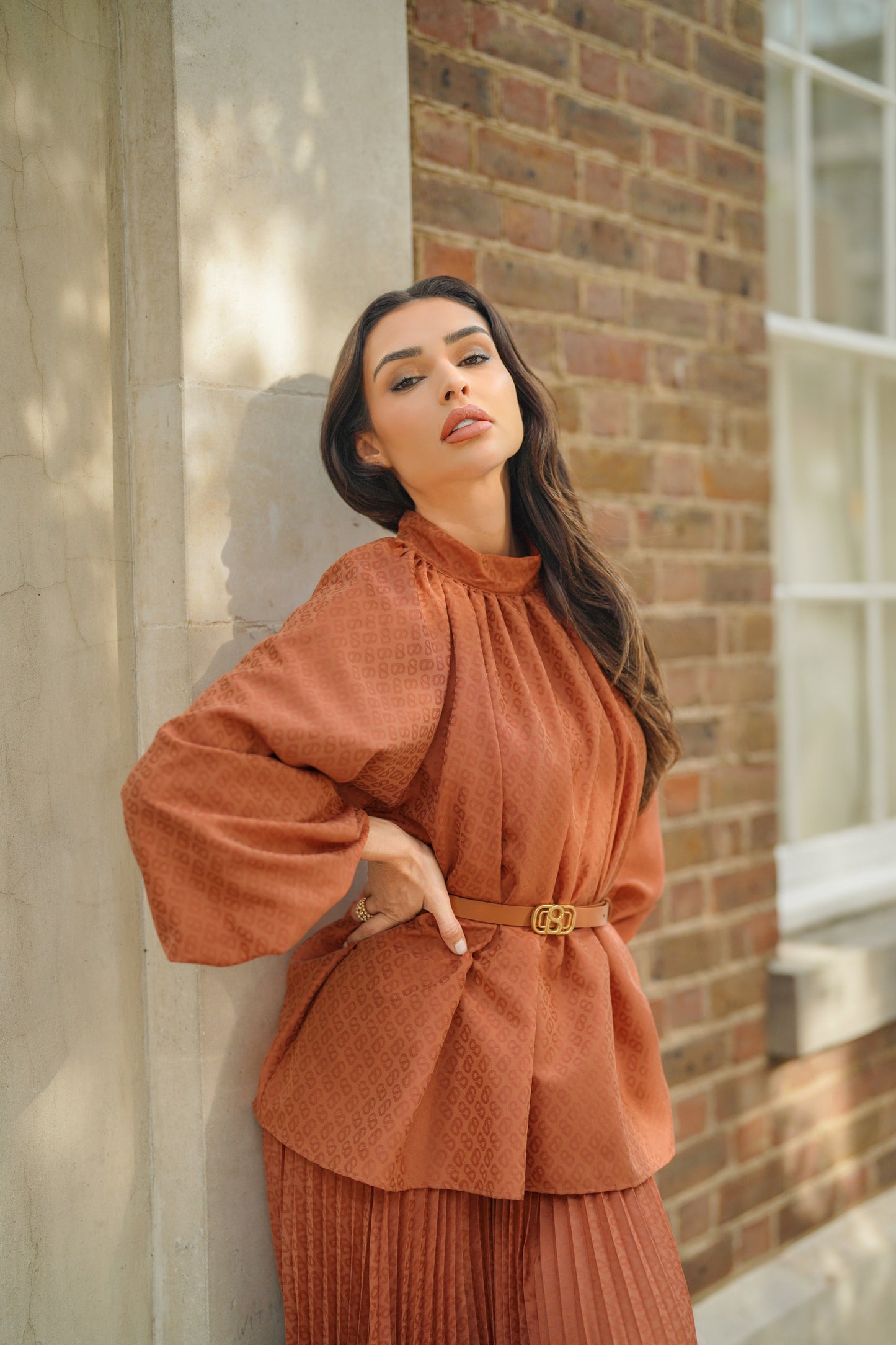 Monogram Embossed Puff Blouse - Terracotta