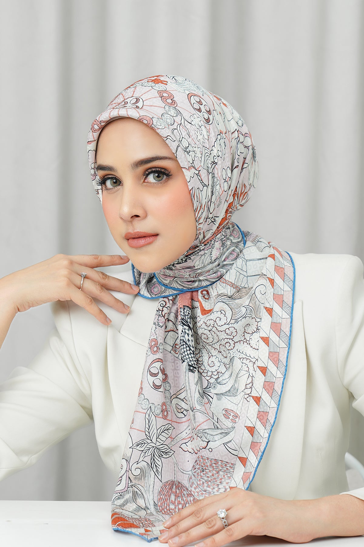 İpek Jakarlı Kare - Pusula Mavisi ve Şeftali