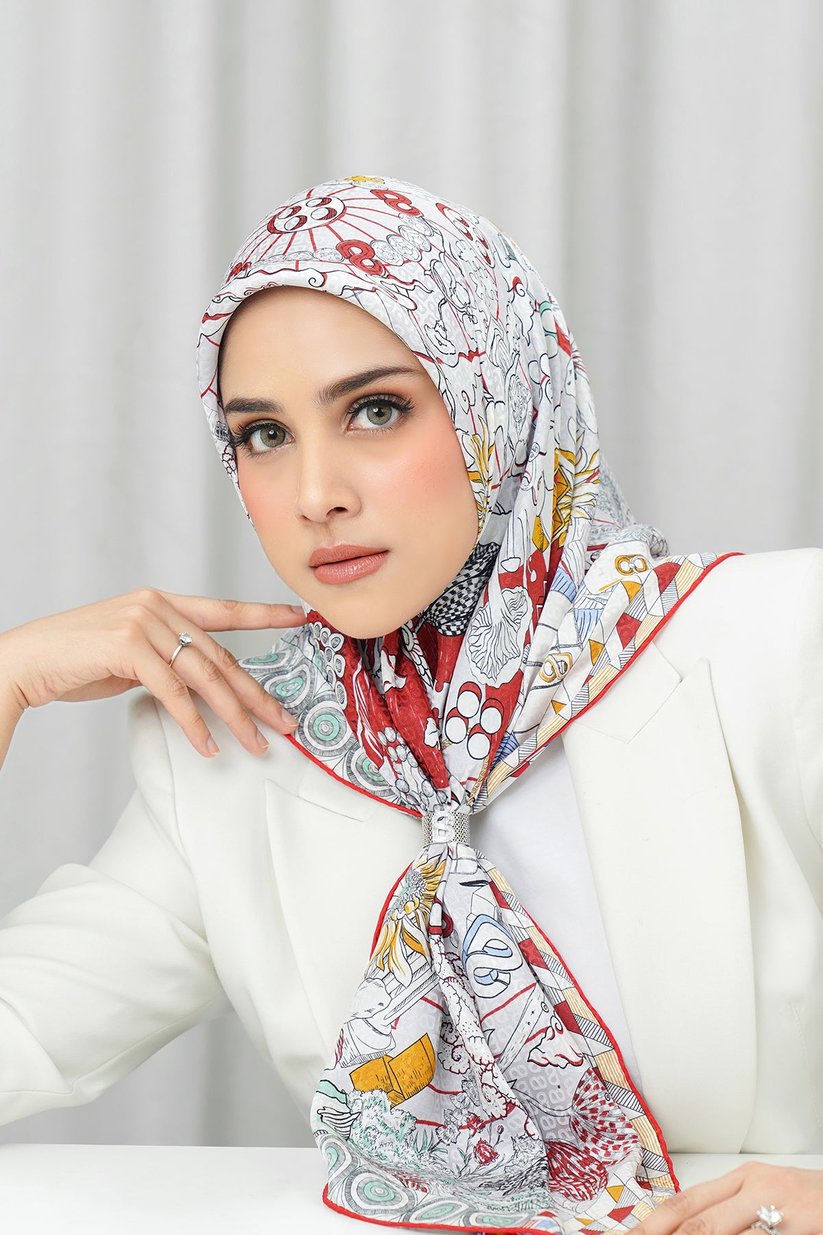 İpek Jakarlı Kare - Pusula Mavi & Kırmızı