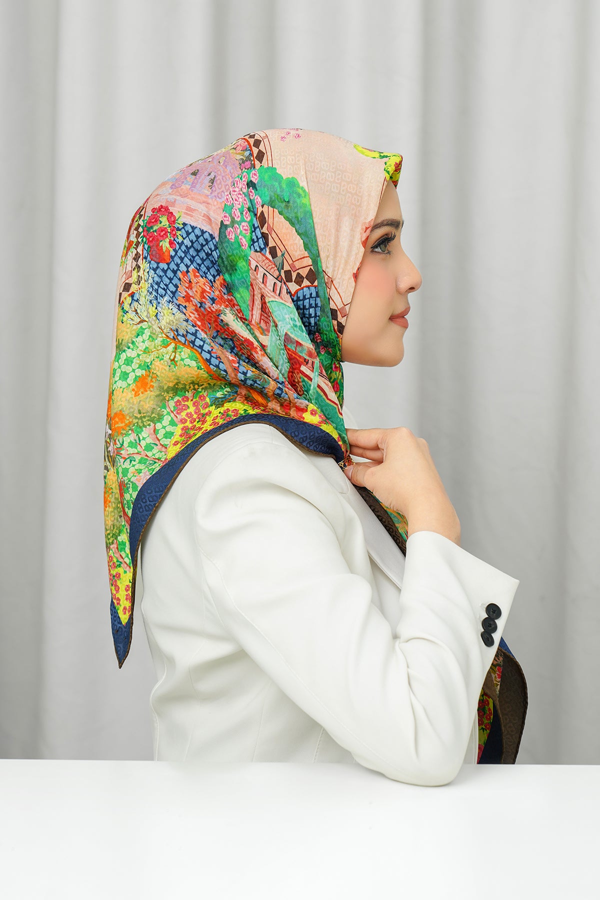 İpek Jakarlı Kare - Prince Garden Kahverengi ve Mavi