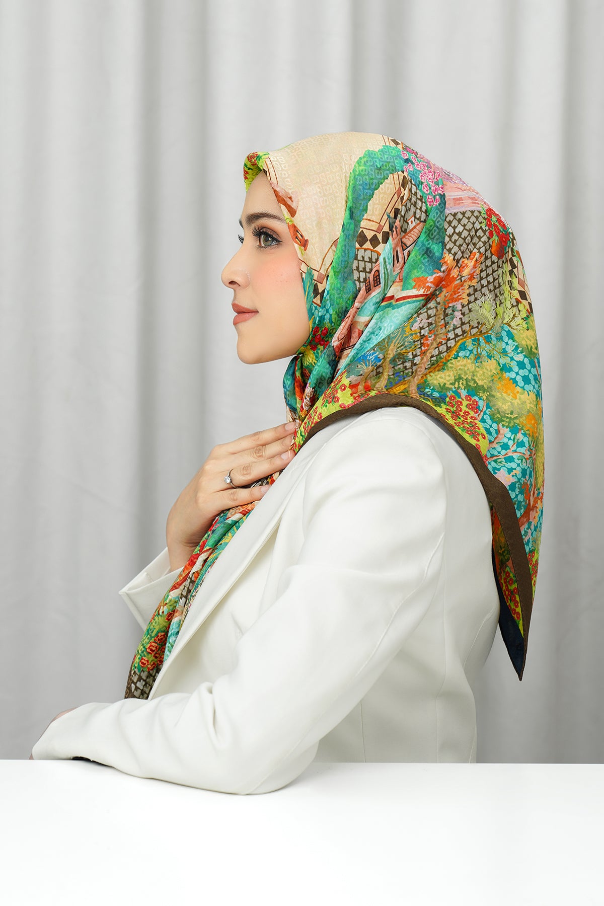 İpek Jakarlı Kare - Prince Garden Kahverengi ve Mavi