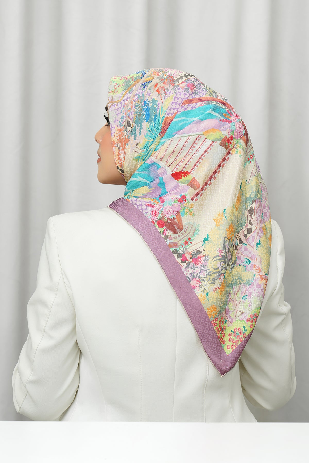 İpek Jakarlı Kare - Prince Garden Krem ve Mor