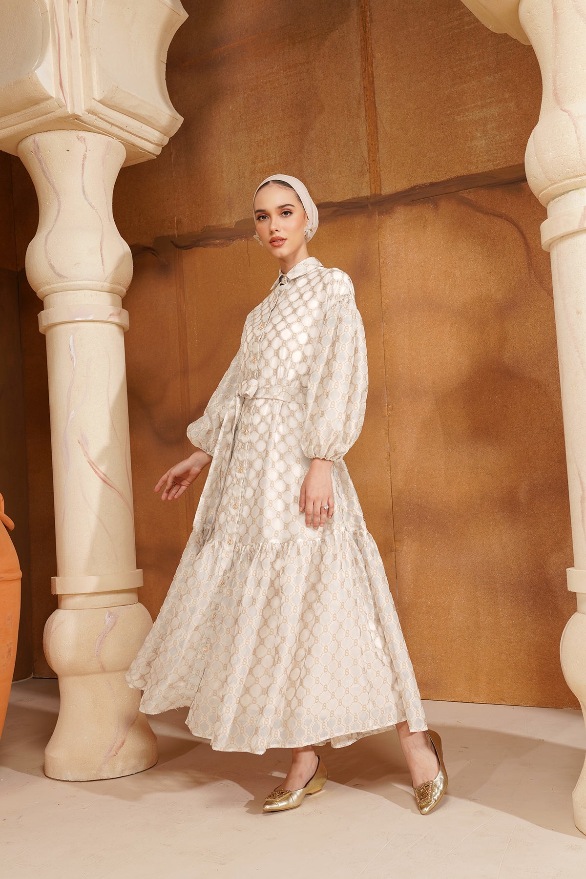 Monogram Organze Elbise - Bej