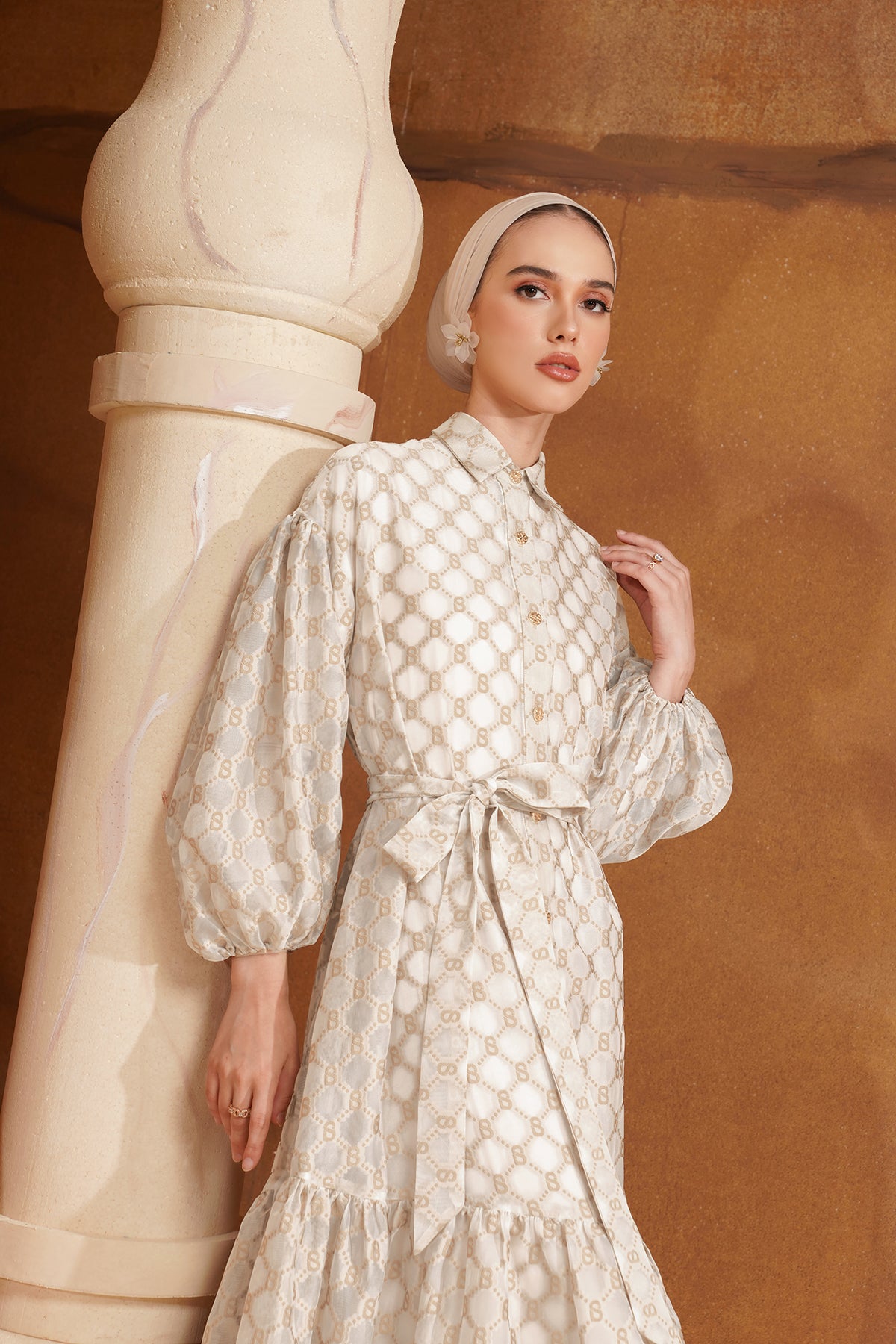 Monogram Organze Elbise - Bej