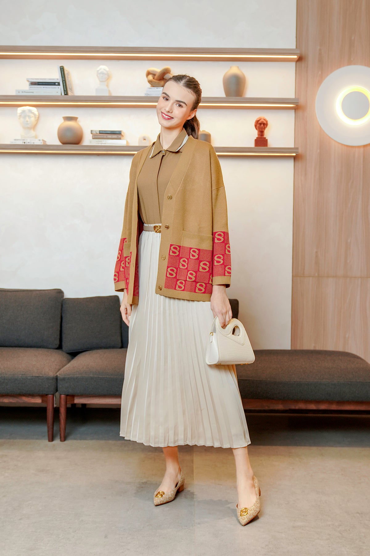 Oversize Plaid Cardigan - Brick