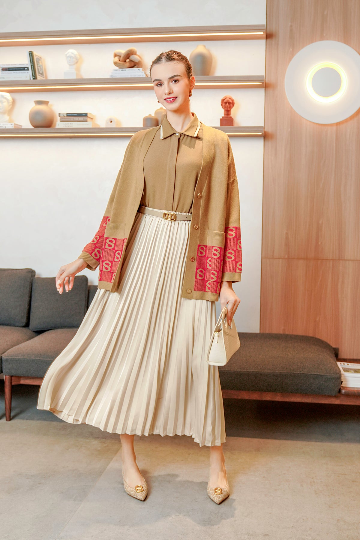 Oversize Plaid Cardigan - Brick