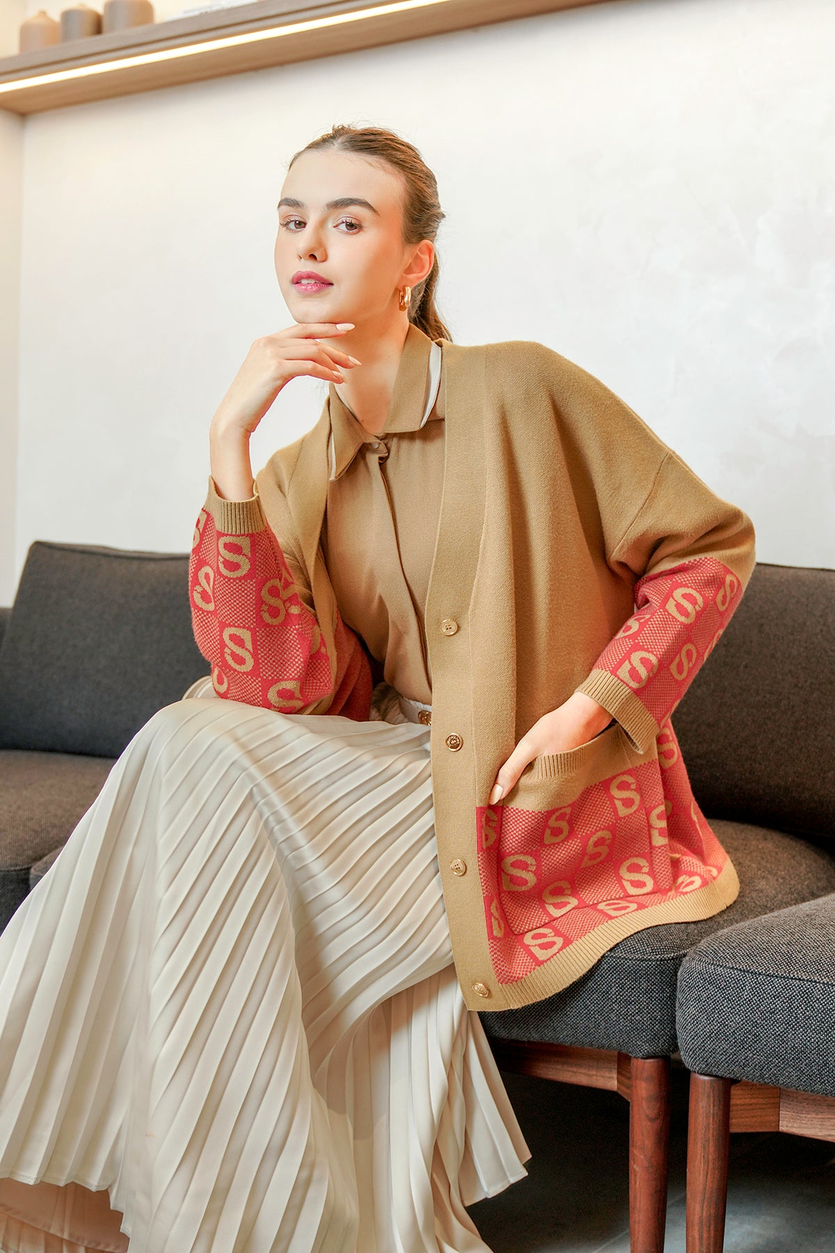 Oversize Plaid Cardigan - Brick