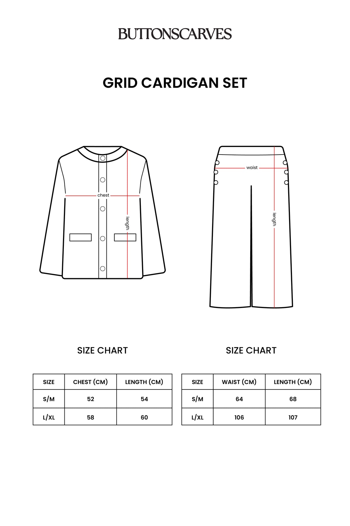 grid cardigan set by buttonscarves size chart