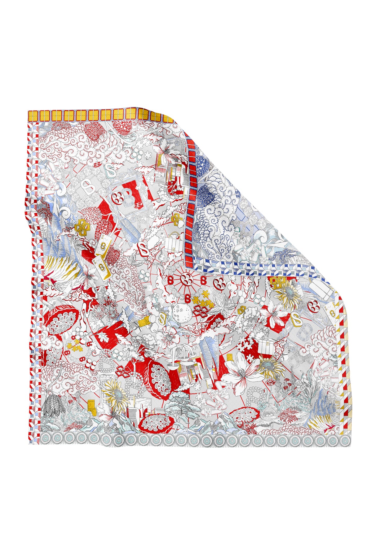 İpek Jakarlı Kare - Pusula Mavi & Kırmızı