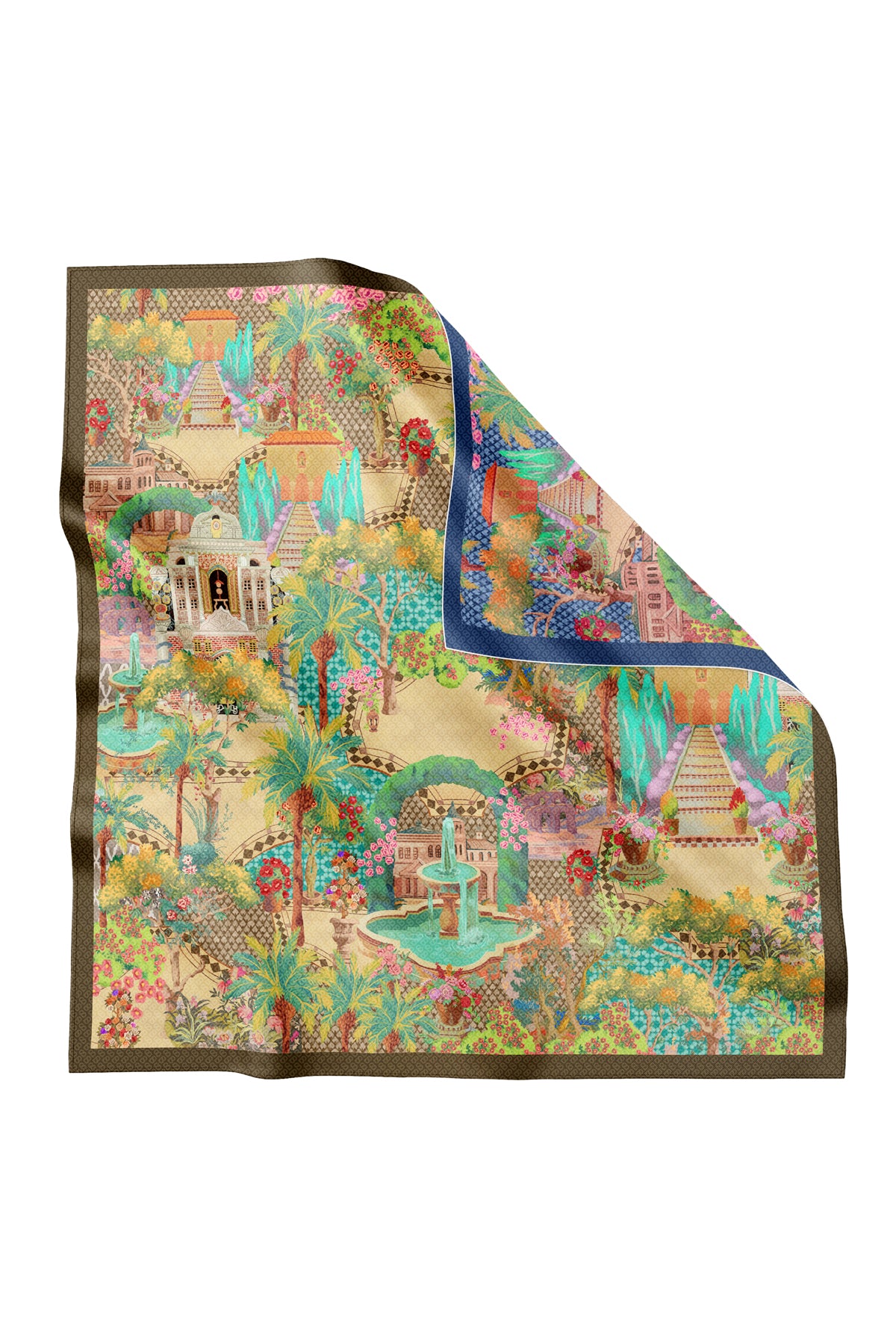 İpek Jakarlı Kare - Prince Garden Kahverengi ve Mavi