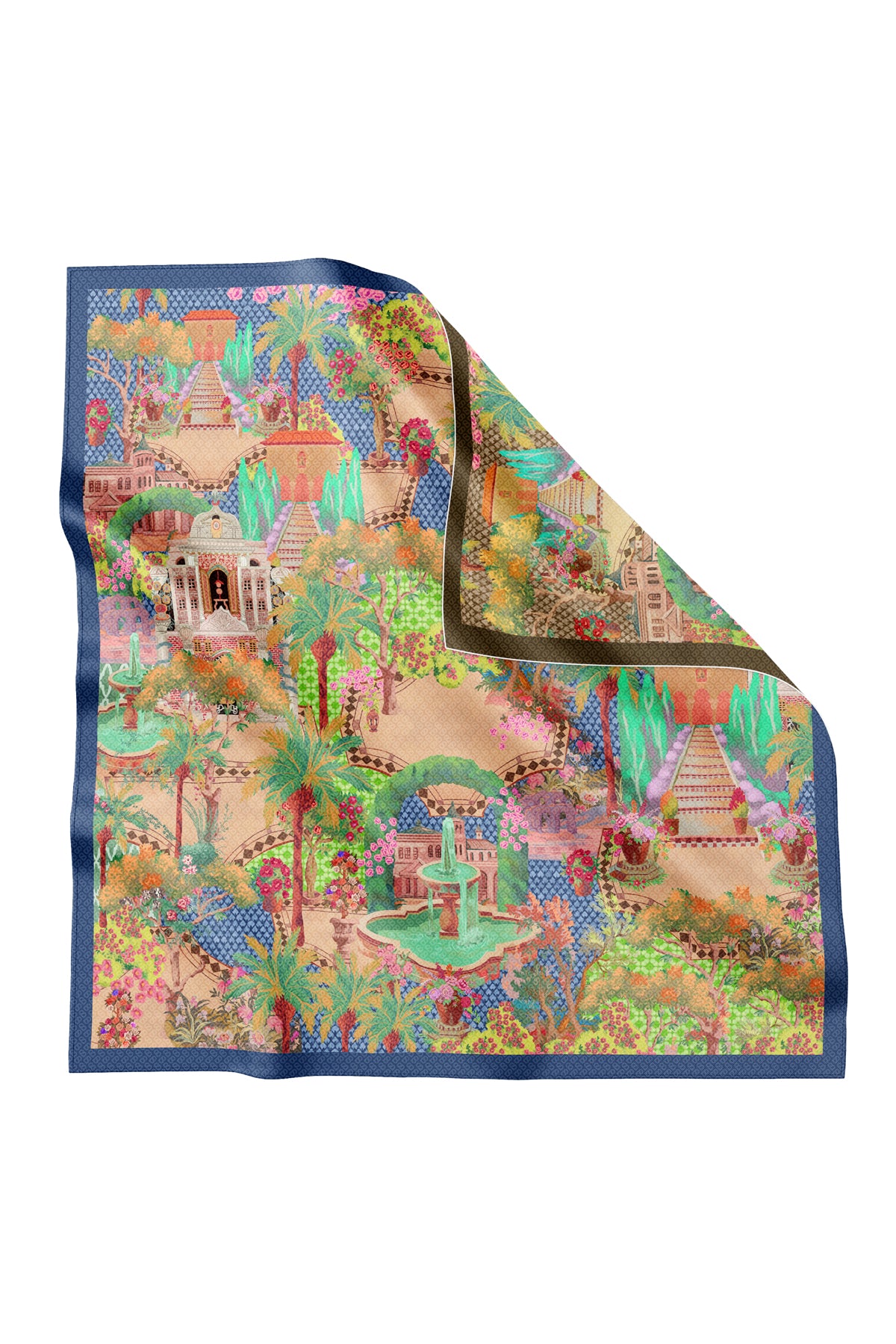 İpek Jakarlı Kare - Prince Garden Kahverengi ve Mavi