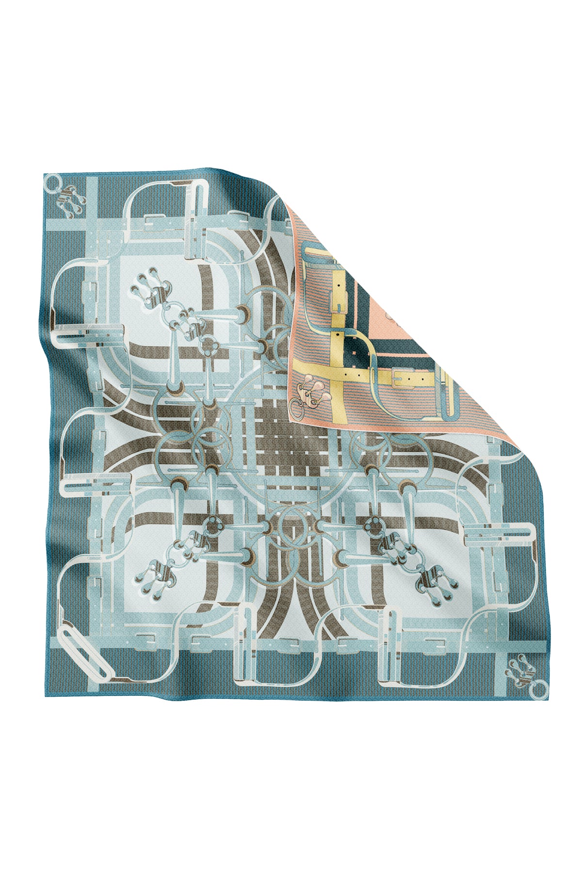 İpek Jakarlı Kare - Eyer Şeftali ve Mavi