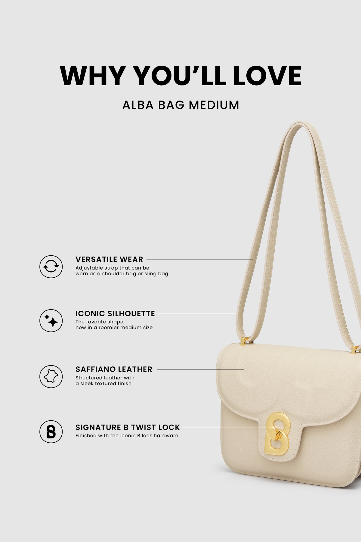 Detail tas shoulder Buttonscarves Alba Bag Medium warna putih chalk