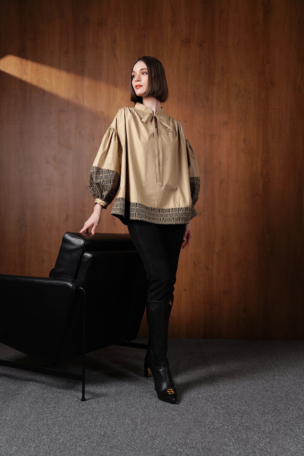 Monogram Plaid Blouse - Beige