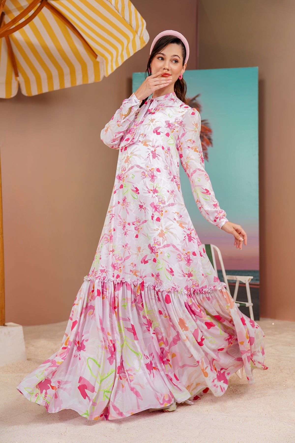 Buttonscarves X Jovian Paradiso Poppy Uzun Elbise Pembe Beyaz