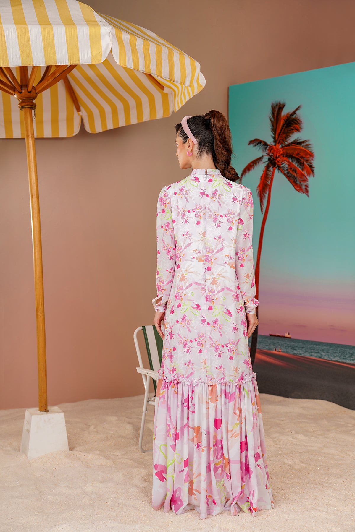 Buttonscarves X Jovian Paradiso Poppy Uzun Elbise Pembe Beyaz