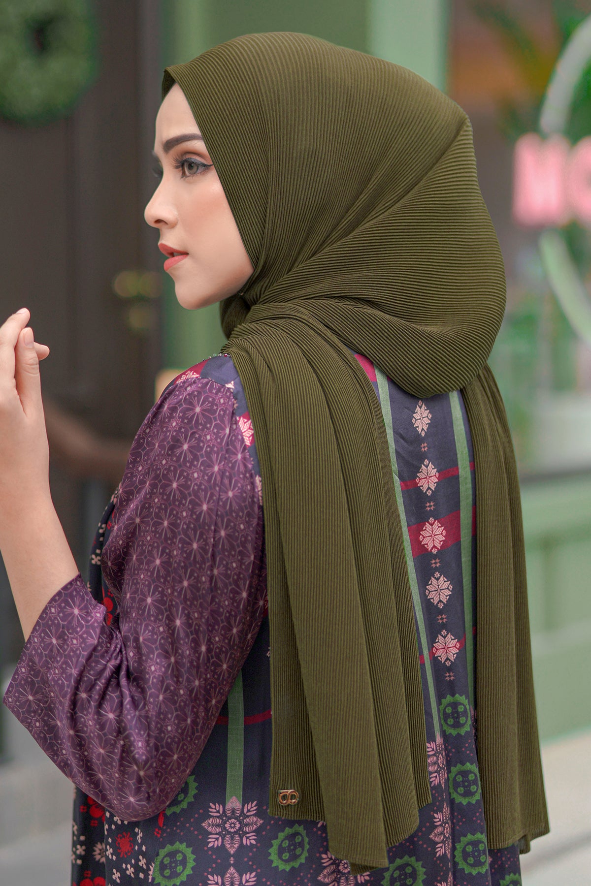 Günlük Pileli Şal - Zeytin