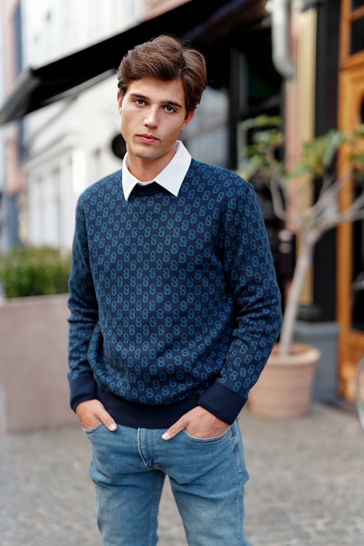 Günlük Monogram Kazak - Klasik Mavi