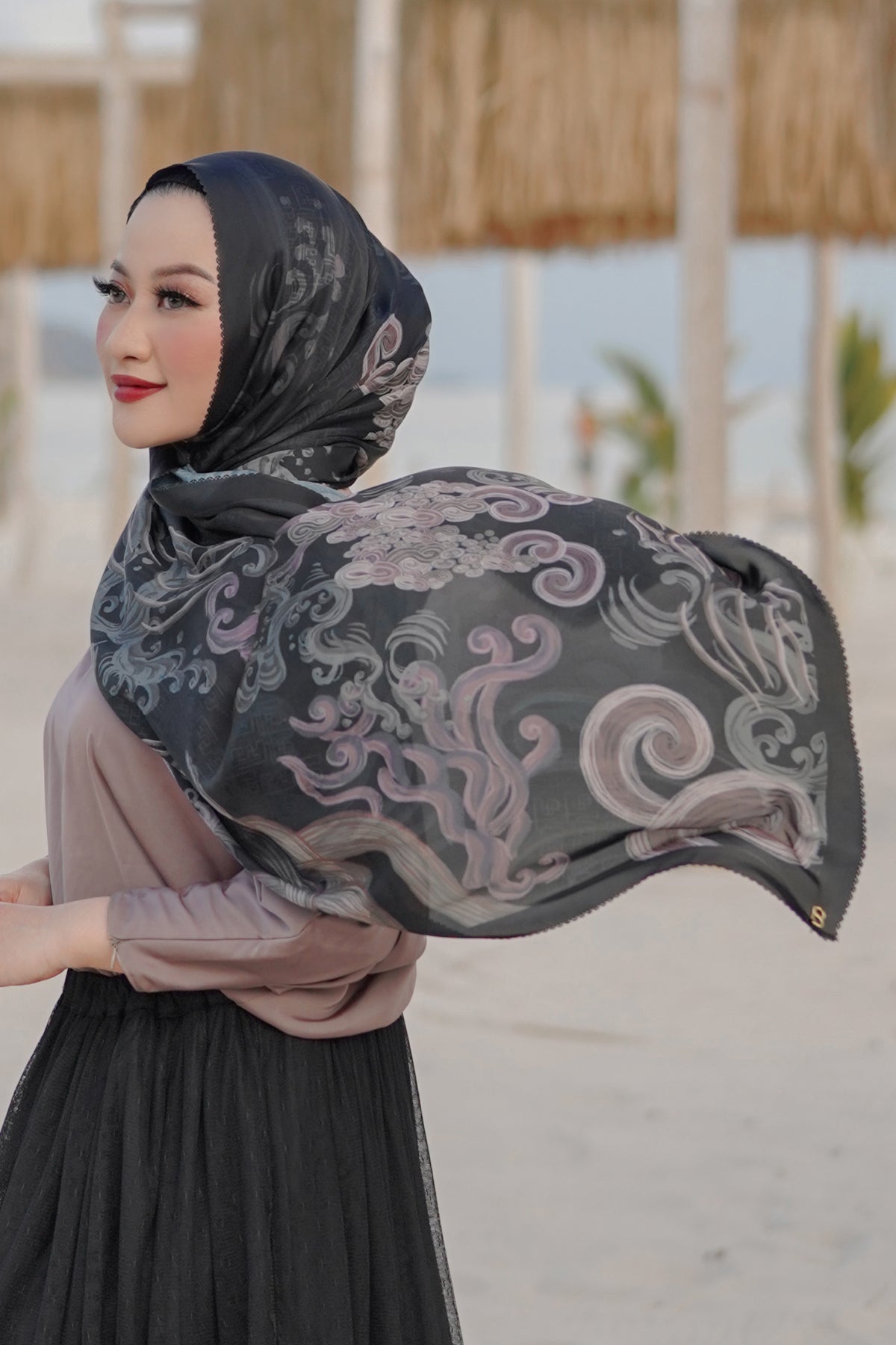 The Wave Satin Shawl in Black