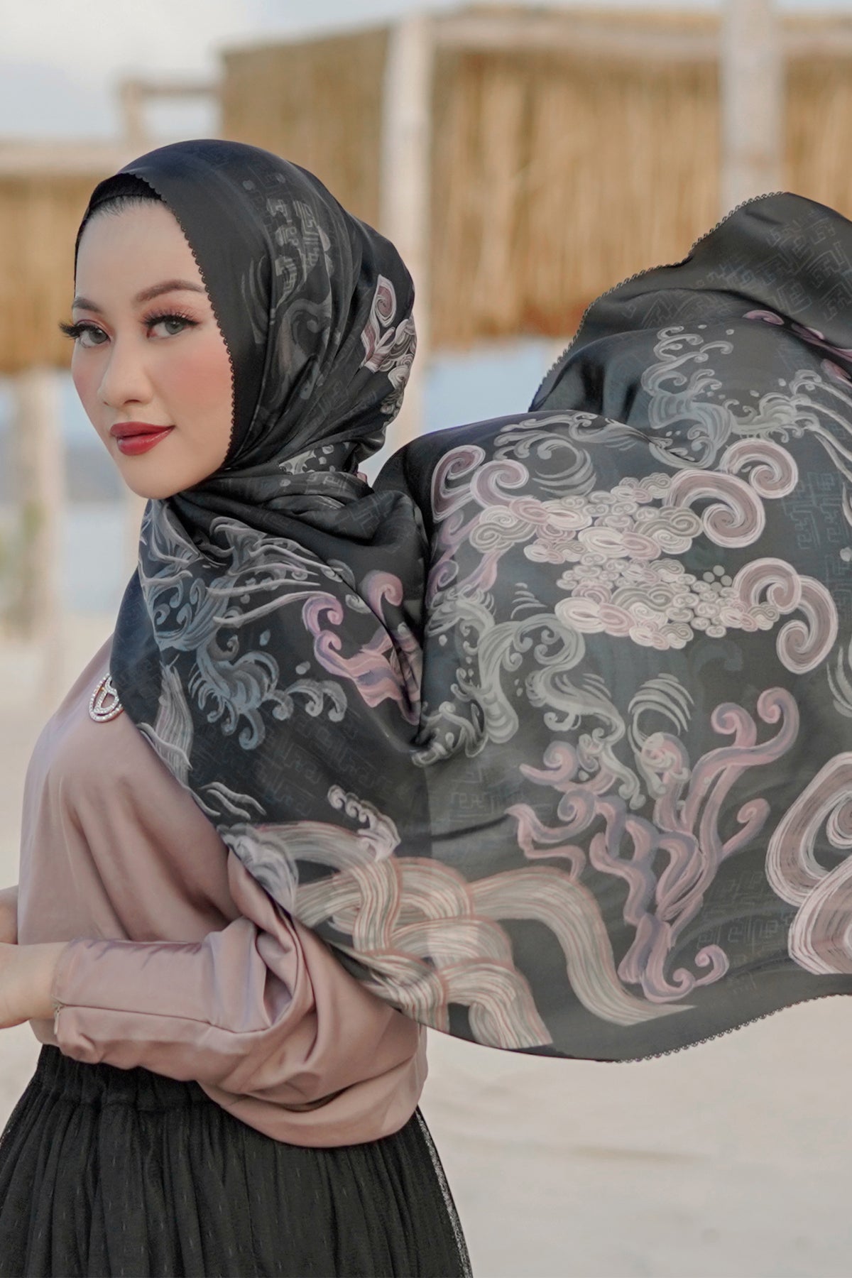 The Wave Satin Shawl in Black