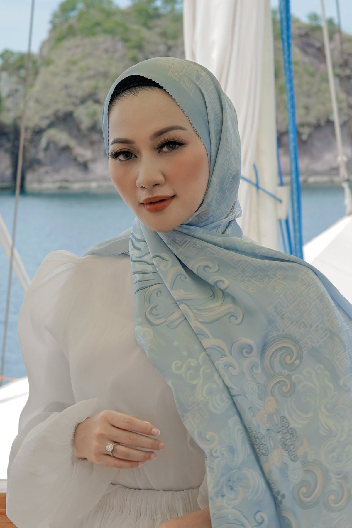 The Wave Satin Shawl in Lagoon