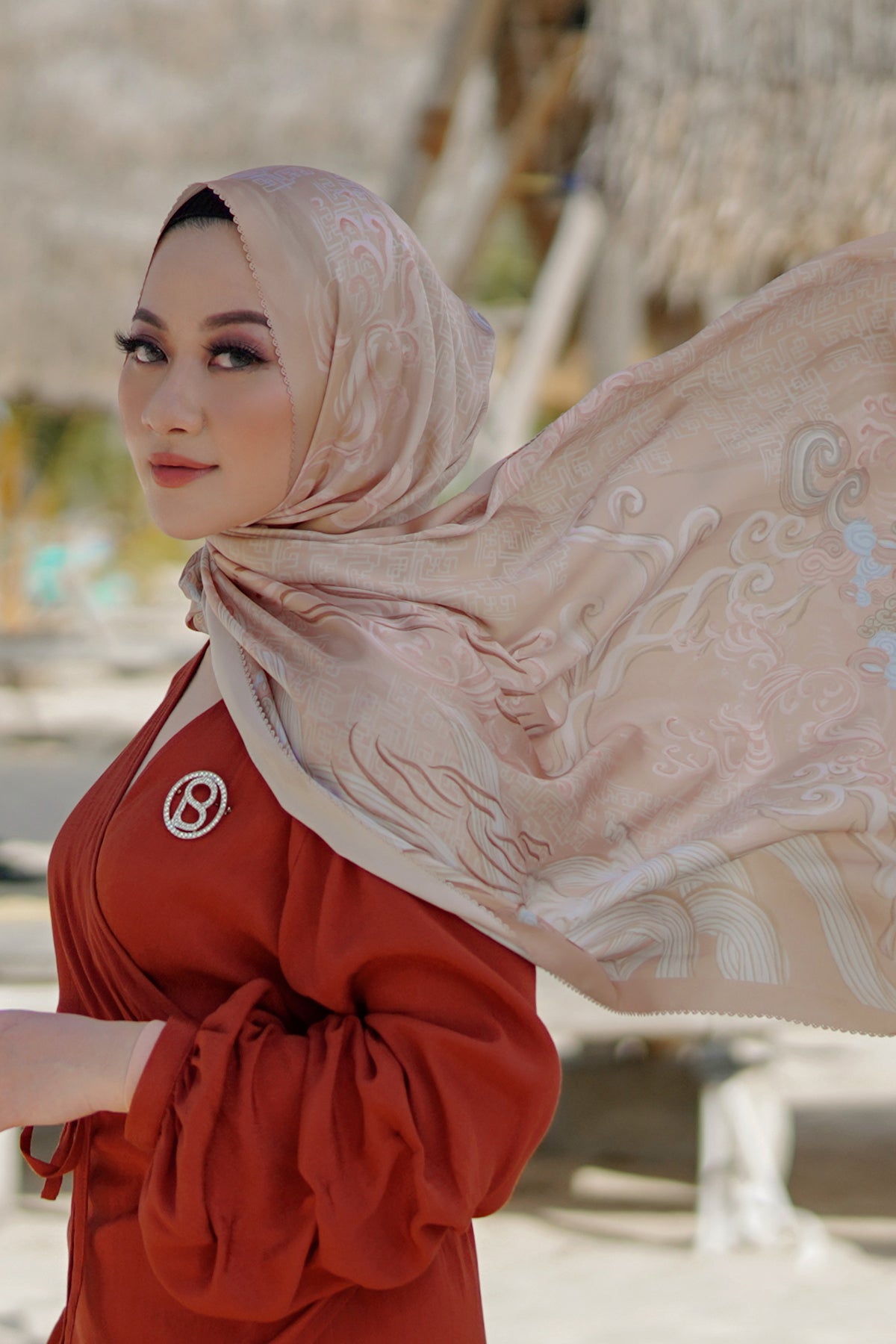 The Wave Satin Shawl in Peach