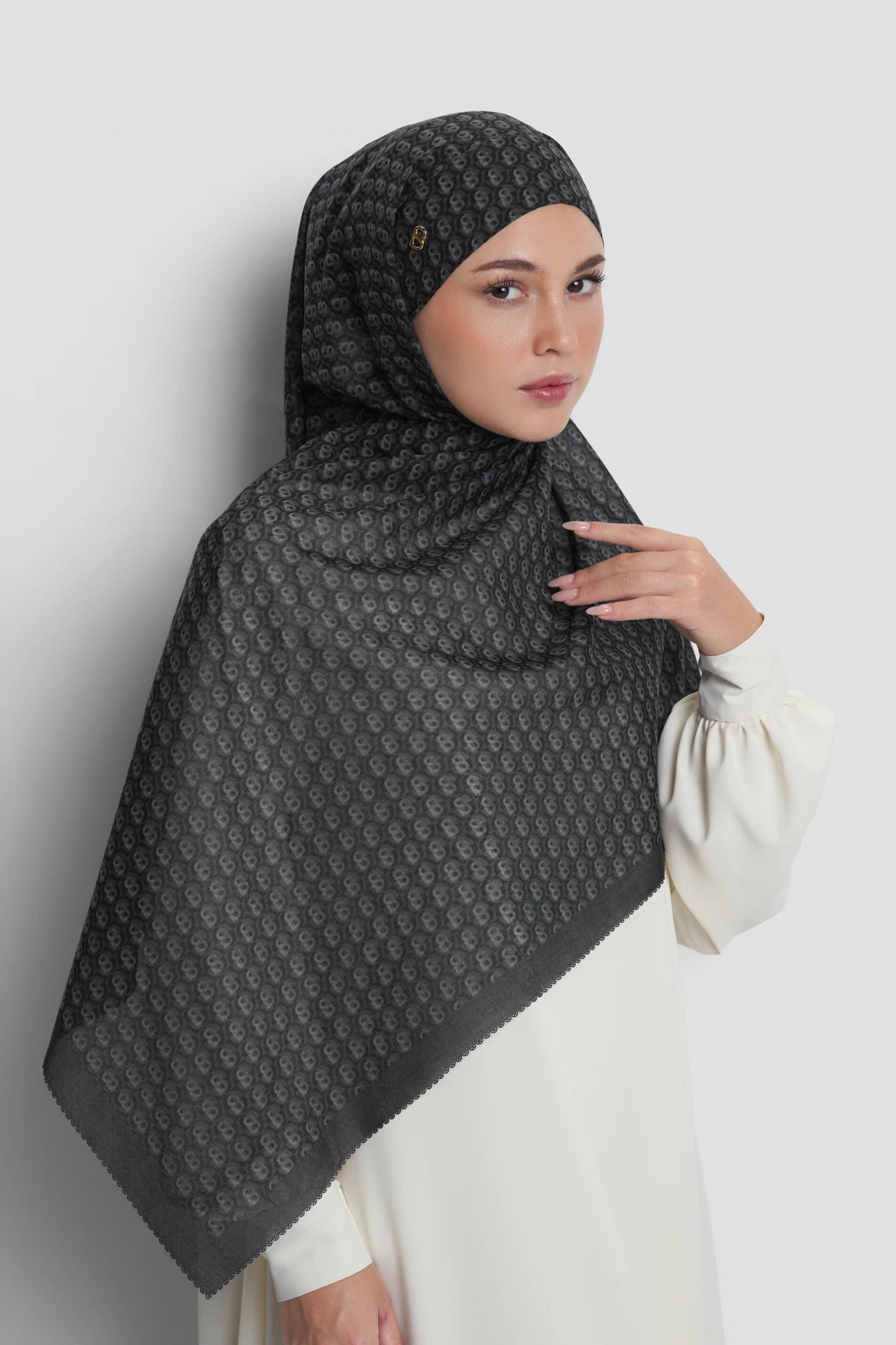 axis tie back shawl in asphalt by buttonscarves front view