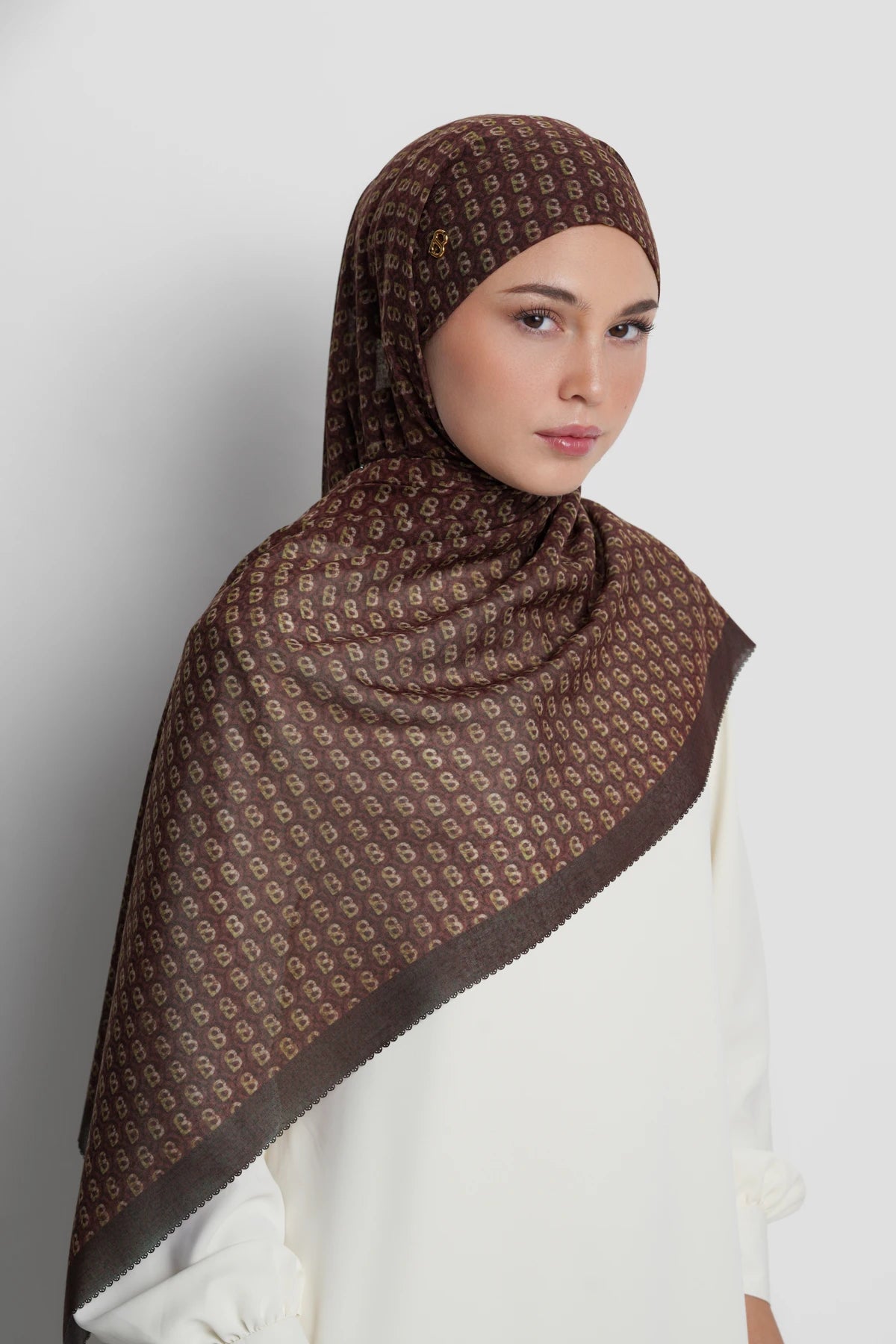 axis tie back shawl in hot fudge by buttonscarves front view
