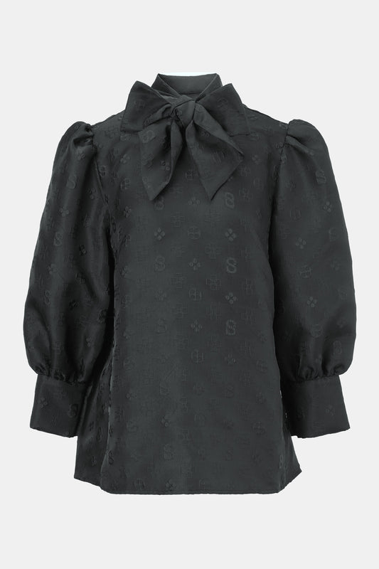 Cassey Monogram Blouse With Bow - Black