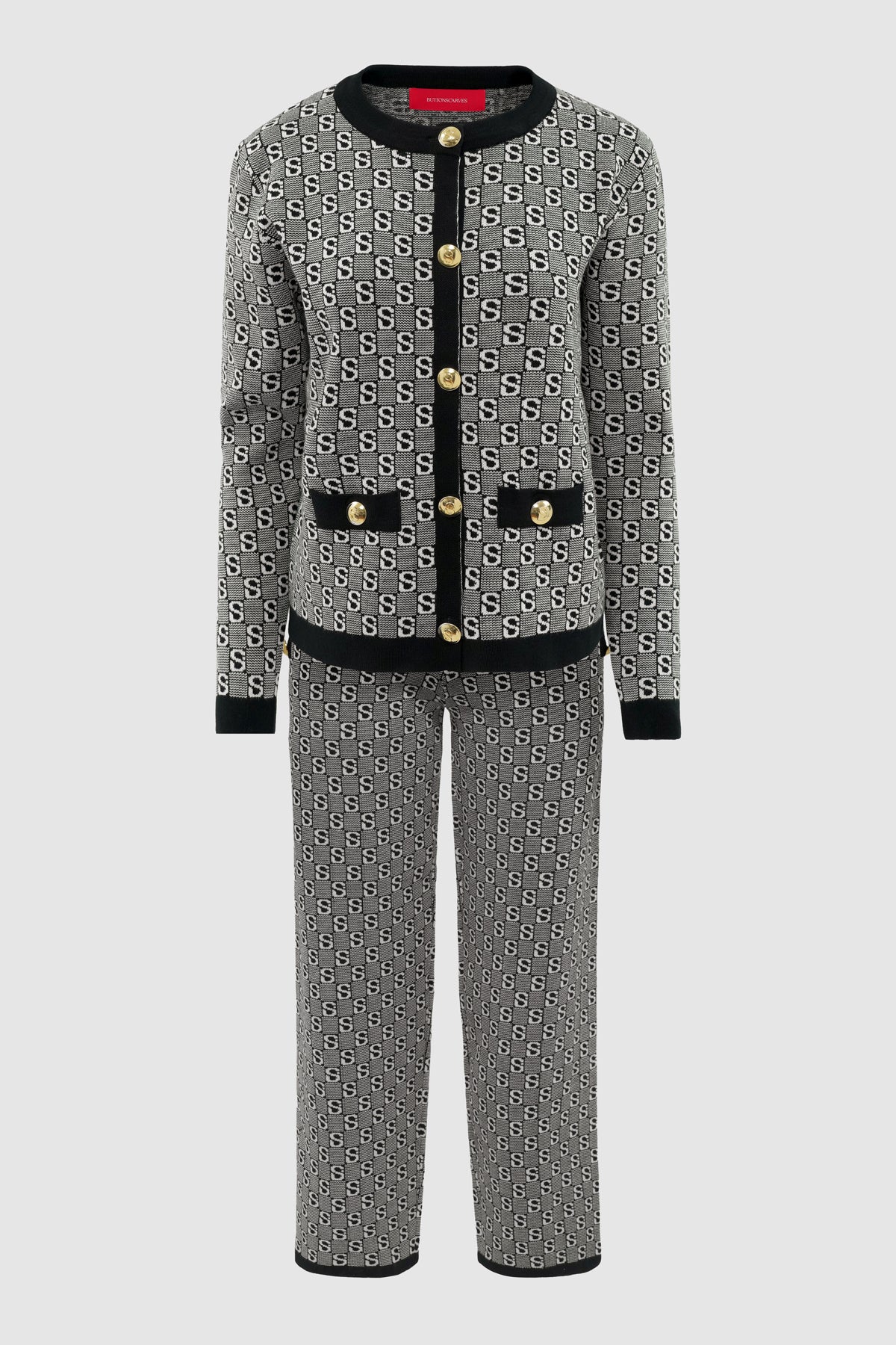 Grid Cardigan Set - Black