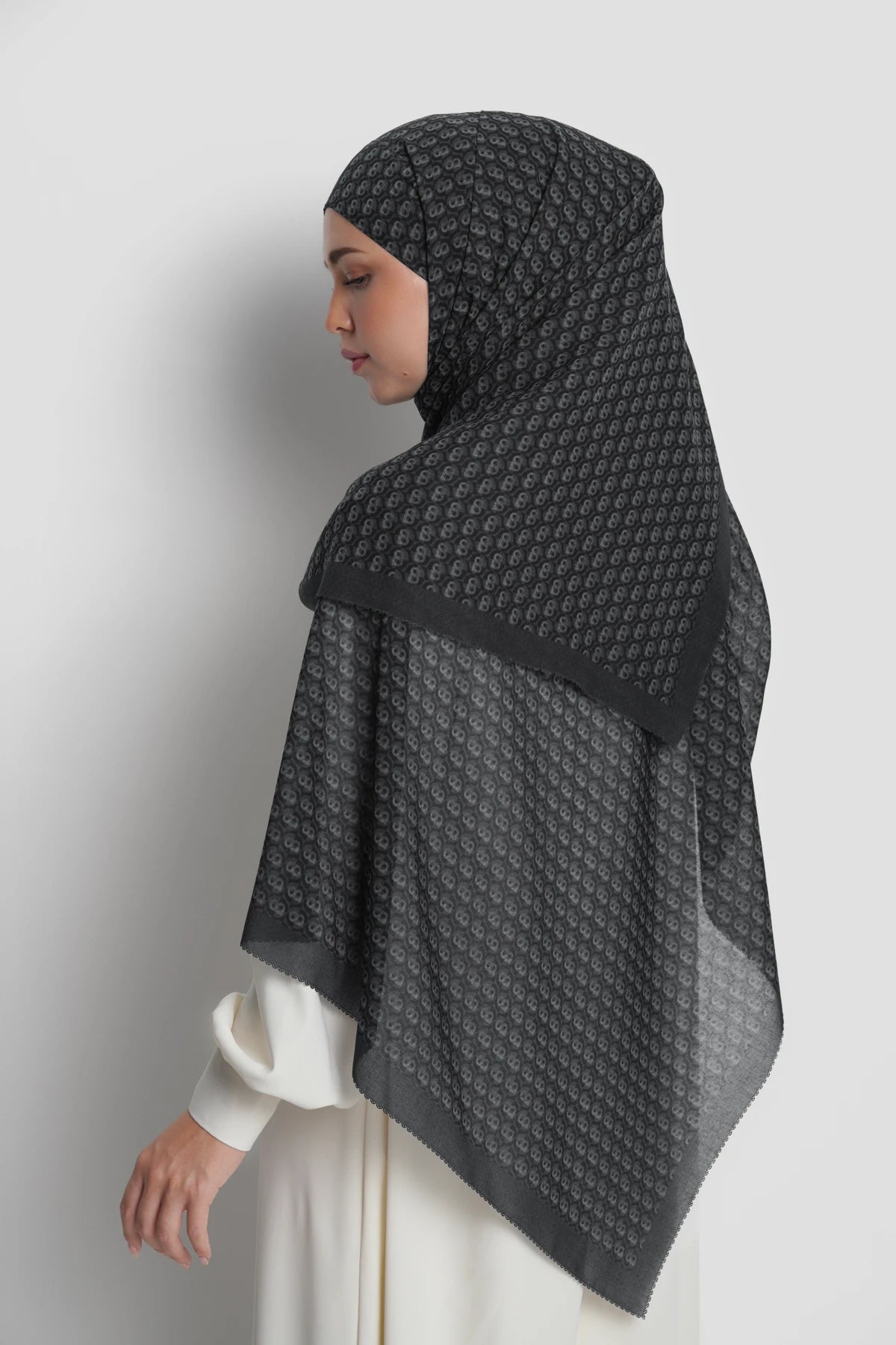axis tie back shawl in asphalt by buttonscarves back view