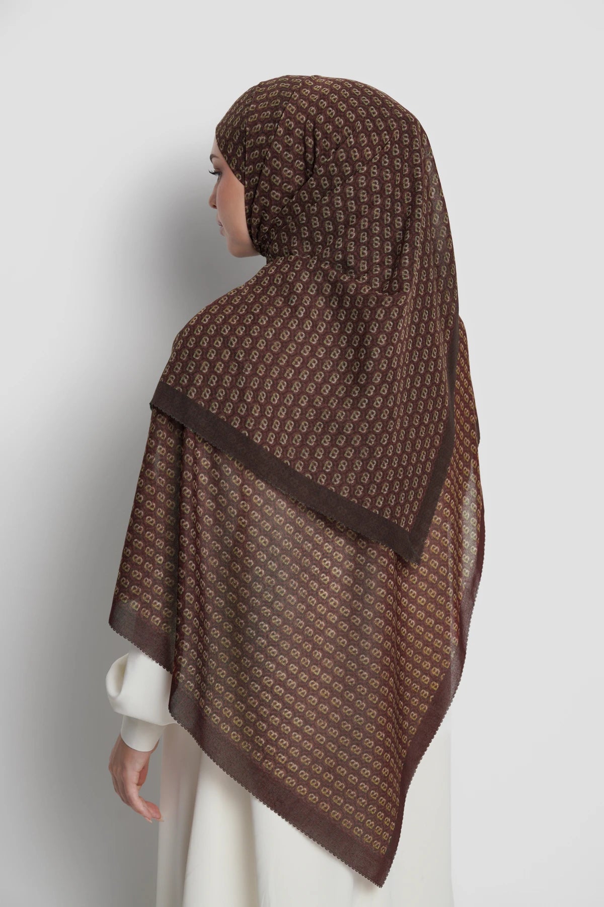 axis tie back shawl in hot fudge by buttonscarves back view