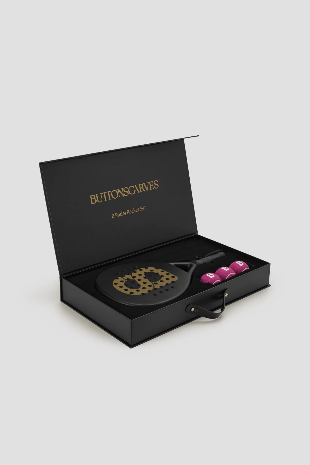b padel racket set in black by buttonscarves packaging details